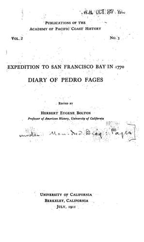 Cover of Expedition to San Francisco Bay in 1770, diary of Pedro Fages
