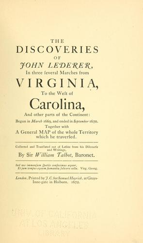 Cover of The discoveries of John Lederer